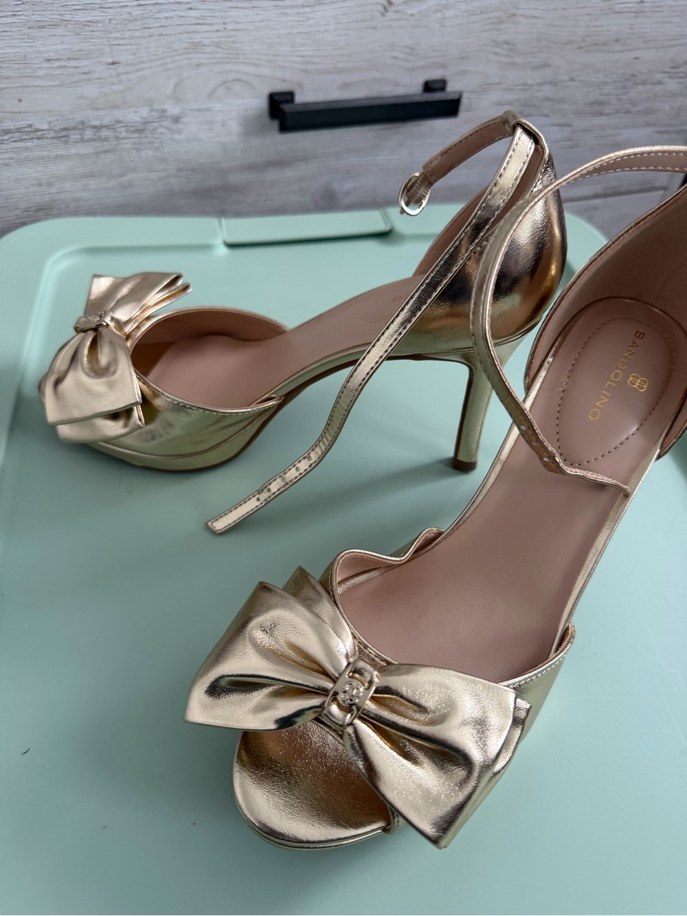 Bandolino Gold Bow Peep-Toe Ankle-Strap Heels